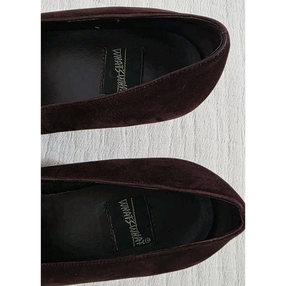 Whats What Maroon Suede Loafer Block High Heel Square Toe Silver Link Buckle 7.5
